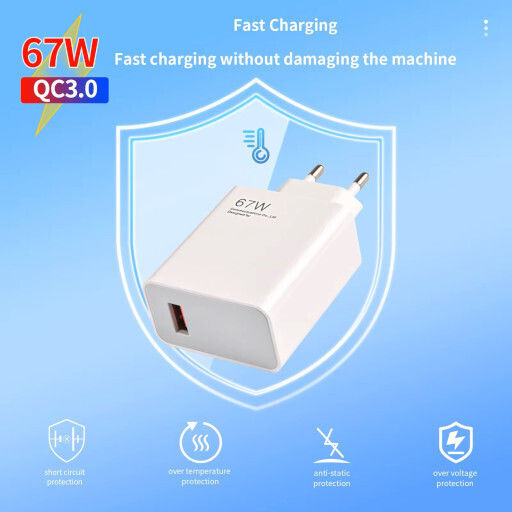 Mobile Phone Charger With USB-A Port And USB-C Cable 67W Power Delivery SuperCharge White (EV-PS1067)