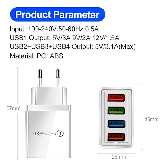 Φορτιστής Χωρίς Καλώδιο με 4 Θύρες USB-A 20W Quick Charge 3.0 Λευκός (6024)