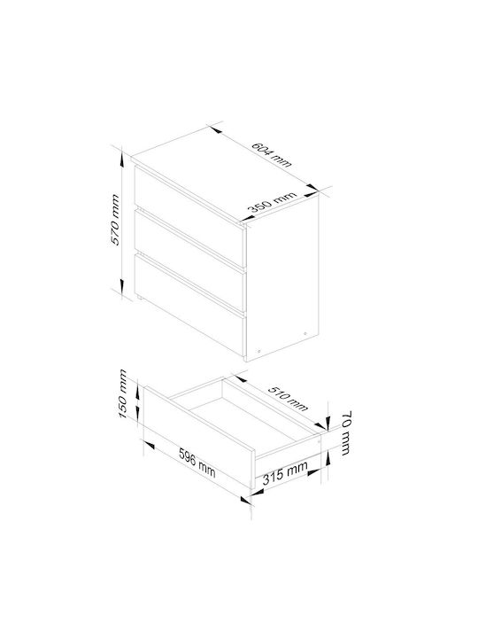 Comoda pentru Dormitor cu 3 sertare Matte White 60x35x57buc