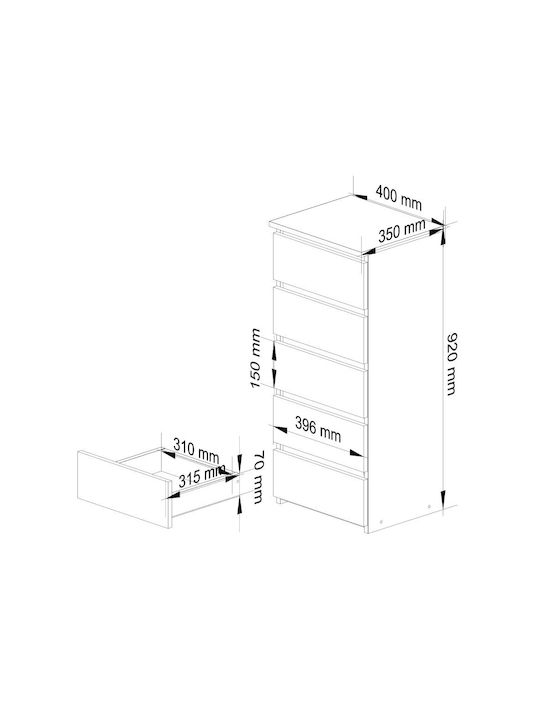 Comoda pentru Dormitor cu 5 sertare Albă 40x35x92buc