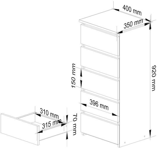 Wooden Chest of Drawers with 5 Drawers White 40x35x92cm