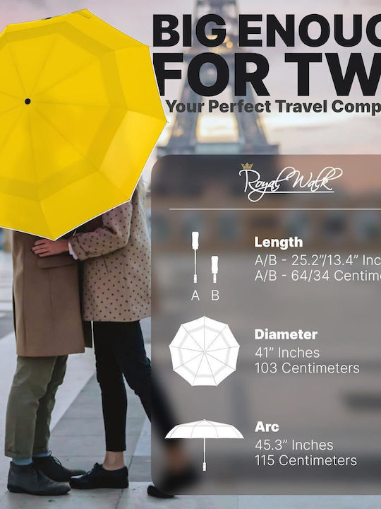 Royal Walk Rezistent la vânt Automat Umbrelă de ploaie Compact Galbenă