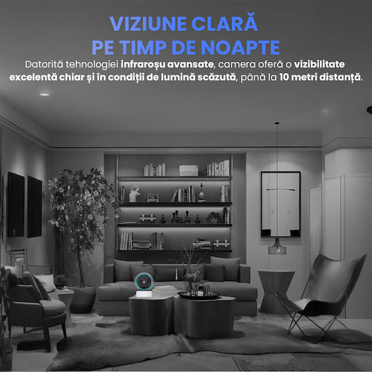 Cameră Rotativă Wireless Full HD 1080p Video Cameră Audio Rotire 360° Viziune Nocturnă cu Infraroșu Detectare Mișcare Sunet Audio Bidirecțional WiFi 2.4GHz 4 Utilizatori iOS Android Stocare Cloud Neagră
