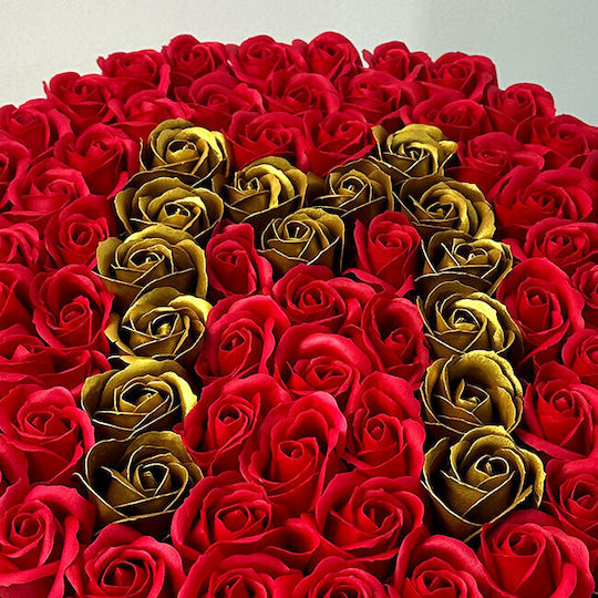 Personalized Floral Arrangement Letter M In A Round Golden Box 55 Soap Roses