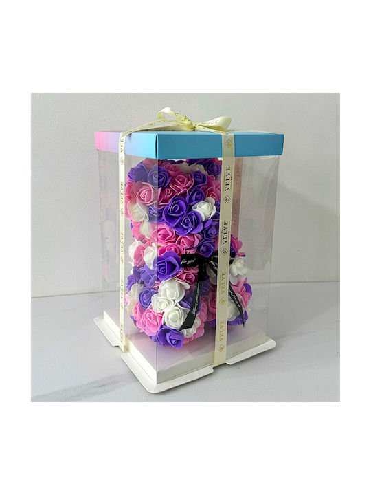 Floral Mosaic Ursuleț Spumă Trandafiri 25 Cm Decorat Manual În Cutie Cadou Mov-Liliachiu-Alb