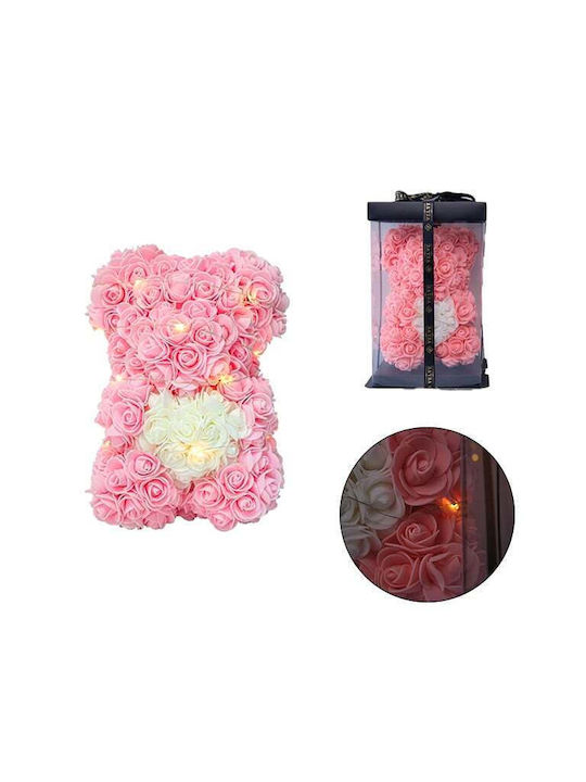 Floral Teddy Bear 25 Cm Bright Leds Foam Roses White Heart In Gift Box Powder Pink