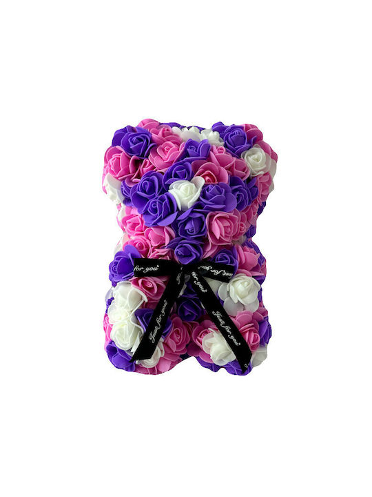 Floral Mosaic Ursuleț Spumă Trandafiri 25 Cm Decorat Manual În Cutie Cadou Mov-Liliachiu-Alb