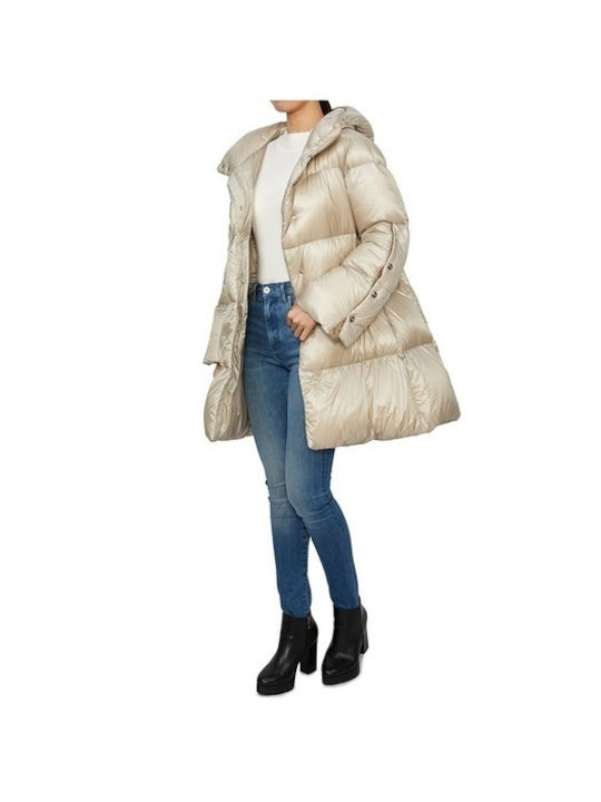 Women's Long Puffer Jacket for Winter with Hood Beige