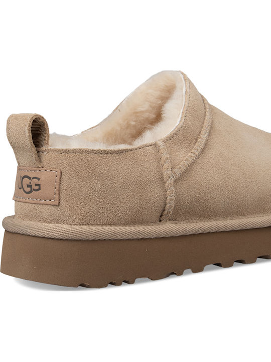 Classic Micro Closed-Toe Leather Women's Slippers Beige