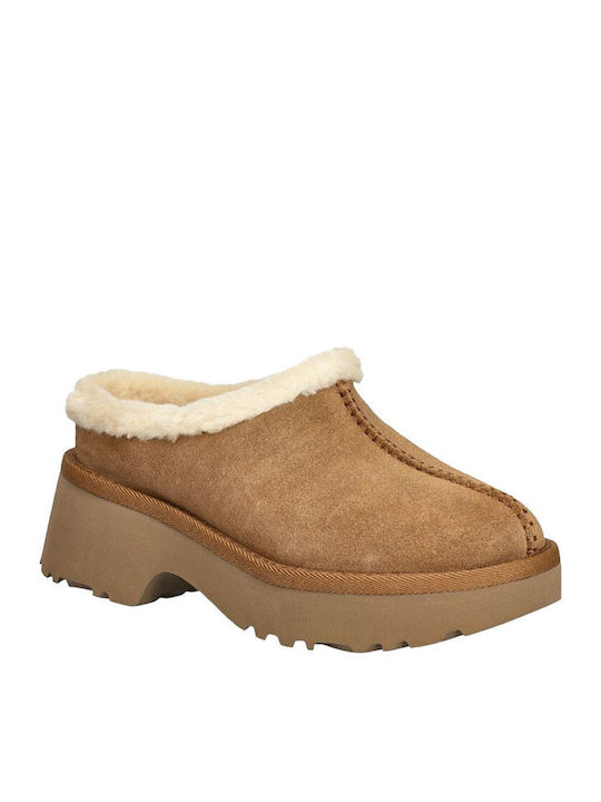 New Heights Cozy Clog Closed Leather Women's Slippers Brown