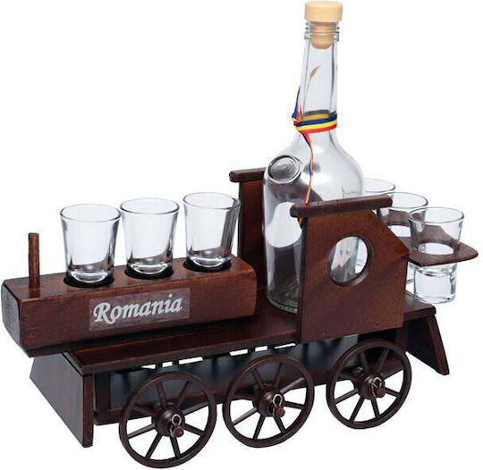 Minibar Set Wooden Train-shaped Holder Bottle 6 Glasses Bottega Fume Grappa