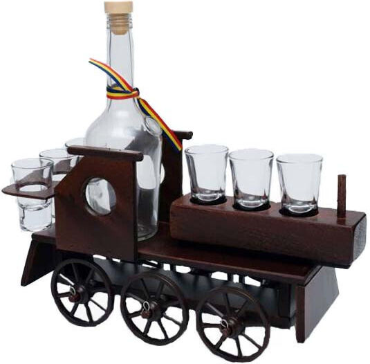 Minibar Set Wooden Train-shaped Holder Bottle 6 Glasses Bottega Fume Grappa