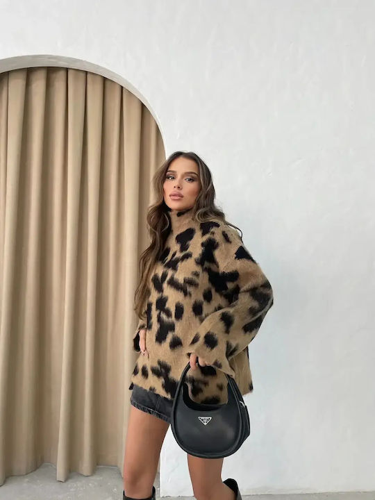 Women's Long Sleeve Sweater Animal Print Brown