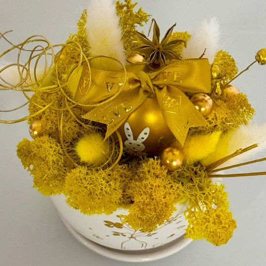 Aranjament Floral Sclipitor În Vază Ceramică În Formă De Cupă Lagurus Licheni Stabilizați Ou Decorativ Plante Handmade Galbene 21 X 7 Cm