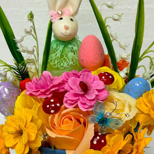 Aranjament Floral De Paște Decorațiune Iepure 3 Ouă Decorative Trandafiri Maci Garofi Floarea De Cireș Flori De Săpun Crin De Vale Artificial În Cutie Rotundă Din Catifea Albastră