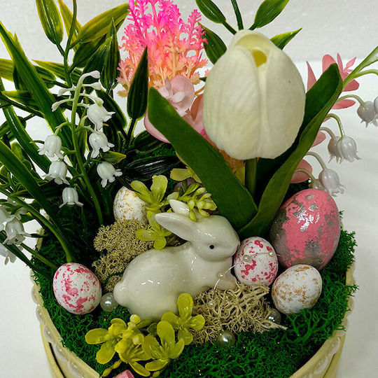 Aranjament Floral De Paște Decorațiune Iepure 5 Ouă Decorative Crin De Vale Lalea Eucalipt Artificial Pe Un Pat De Mușchi Natural Stabilizat În Cutie Rotundă