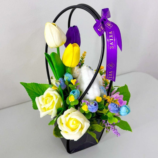Coș De Flori De Paște Handmade Plante Nuferi Săpun Trandafiri Lalele Decorațiuni De Paște Iepuraș Mov 33cm