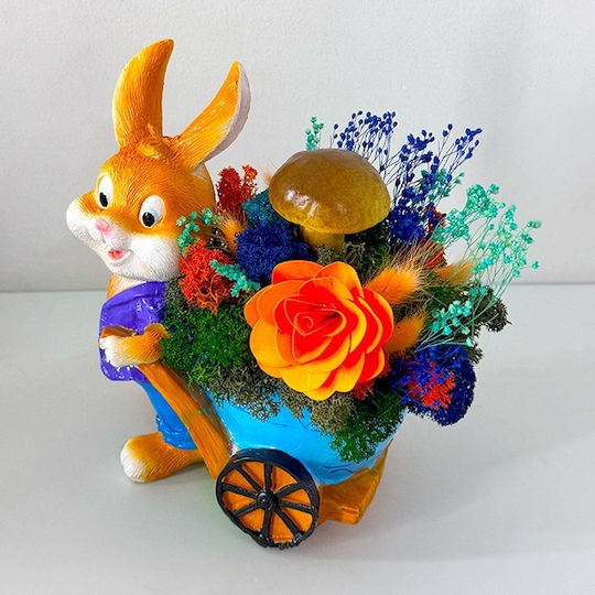 Aranjament Floral Iepuraș Băiat Căruță Iepuraș Mușchi Stabilizat Păstrat Criogenic Mătură Ciupercă Decorațiune Lemn Begonie Albastră