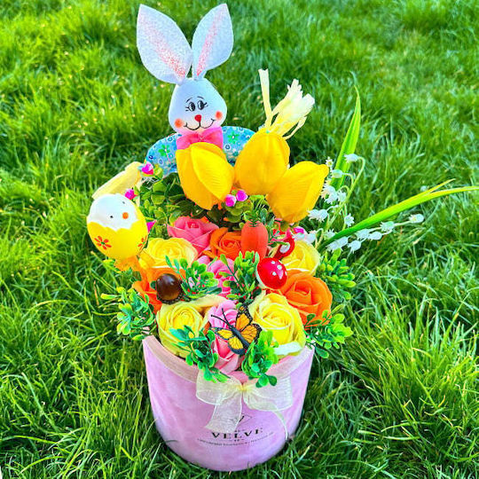 Aranjament Floral De Paște Iepuraș Decorațiune 1 Ou Decorativ Crinul Văii Plante Verzi Artificiale Trandafiri Săpun Lalele În Cutie Rotundă Roz Catifea