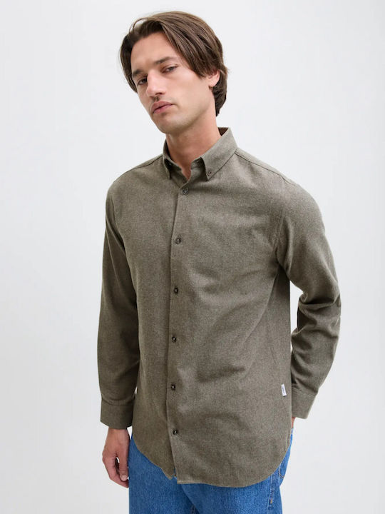 Long-sleeved Flannel Shirt Khaki