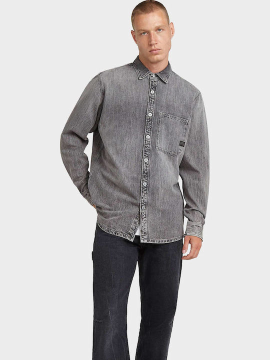 Pocket Langärmlig Baumwolle Hemd Gray
