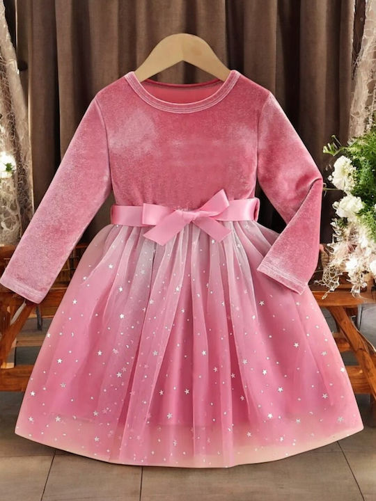 Mädchenkleid Langärmelig Samt Set aus 2 mit Zubehör Rosa