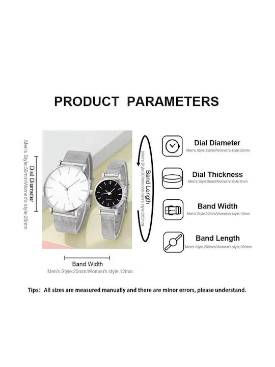 Set Womens Battery Watch With Silver Metal Bracelet
