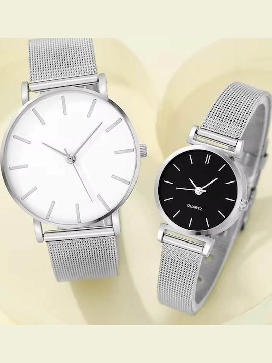 Set Womens Battery Watch With Silver Metal Bracelet