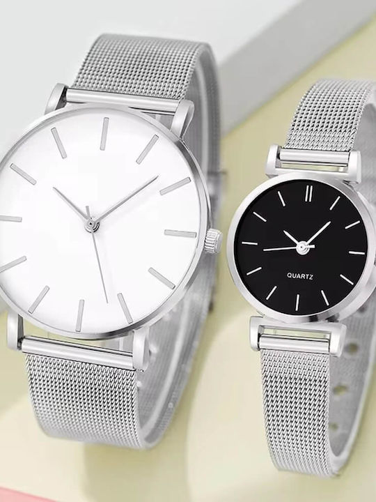 Set Womens Battery Watch With Silver Metal Bracelet