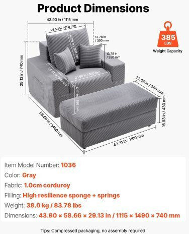 Armchair Bed with Footstool Gray 111.5x149x74cm