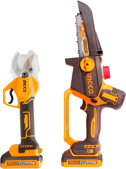 Ingco Set Chainsaw & Pruning Shear Brushless 20V with 2 Batteries 2Ah and Case