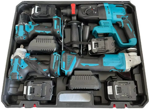 Bisutime 55753034 Set Angle Wheel & Drill Driver & Screwdriver & Hammer 12V with 2 Batteries and Case