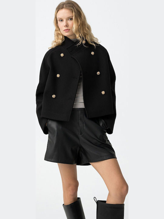Women's Black Peacoat with Buttons