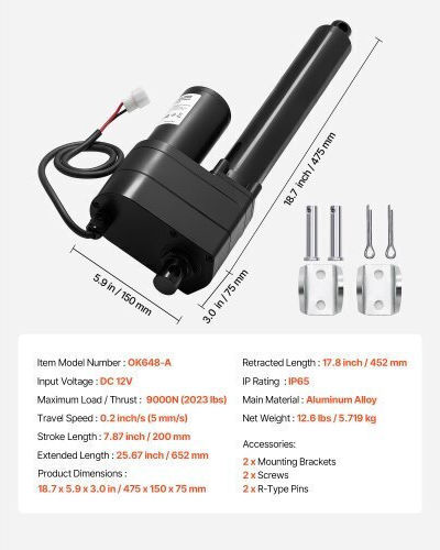 Vevor 12v Linear Actuator 200mm Stroke Heavy Duty 9000n Dimensions 475 X 150 X 75 Mm Protection Ip65 Speed 5mm/s Czxxxzxq9000nbk9c001v9
