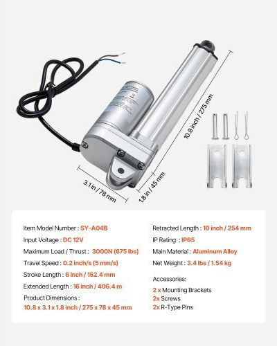 Vevor Γραμμικός Ενεργοποιητής 12v Διαδρομή 152.4mm Αδιάβροχος Ip65 Ισχυρή Δύναμη 3000n Ταχύτητα 5mm/s Fhxxxzxq6incs9uor001v9