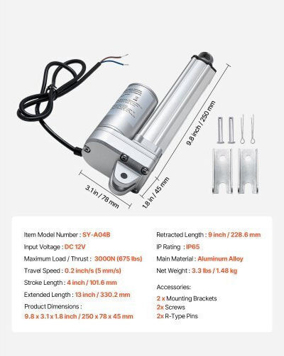 Vevor Activator Linear 12v Cursă 101,6mm Rezistent La Apă Ip65 3000n 5mm/s Dimensiuni 9,8x3,1x1,8 Inch