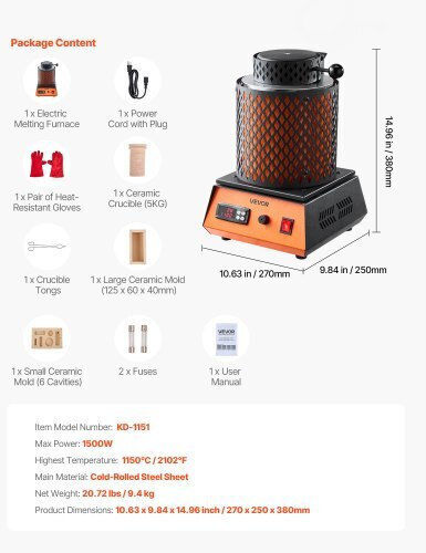 Vevor Φούρνος Μετάλλου DRJLCGTCGGHSZZPJV001V2 με Ισχύ 1.5kW