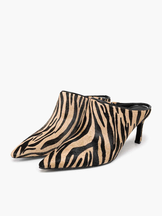 Leather Mules with Heel in Brown Color