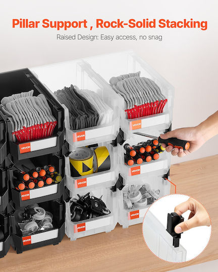 Vevor Plastic Stackable Storage Boxes 37.7 x 21.5 x 18 cm 12 Pack Plastic Containers Organization & Storage Boxes Garage Small Items Office Supplies Other Accessories Black & Transparent