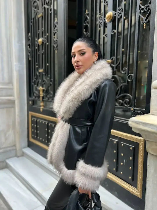Leather Women's Black Coat with Fur Details
