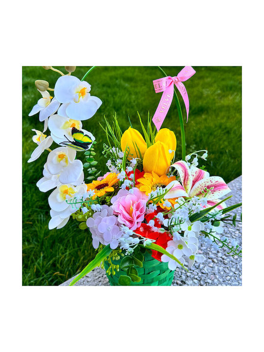 Coș Aniversar Colecție Florală Plante Verzi Orhidee Iris Handmade Lăcrămioare Lalele Floarea Soarelui Săpun Hortensii Într-Un Coș Verde Împletit