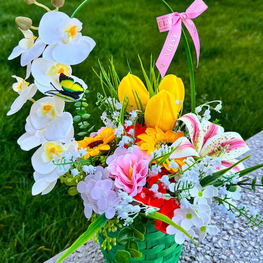 Anniversary Basket Floral Collection Green Plants Orchid Iris Handcrafted Lily Valley Tulips Sunflower Soap Hydrangeas In A Green Woven Basket
