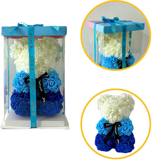 Ursuleț De Pluș Floral Curcubeu Trandafiri Din Spumă Handmade 25 Cm În Cutie Cadou Albastru