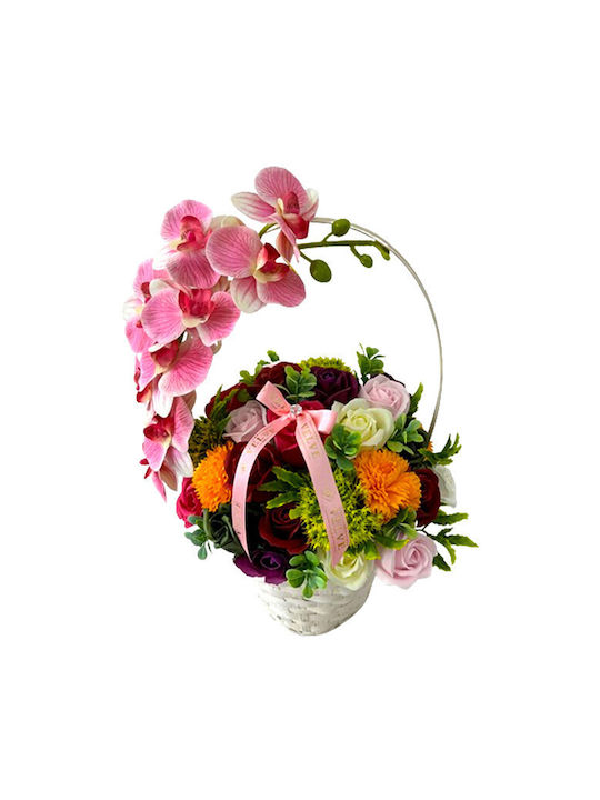 Coș Aniversar Colecție Florală Orhidee Plante Artizanale Săpun Trandafiri Crizanteme Decorate Cristal Fundiță Roz