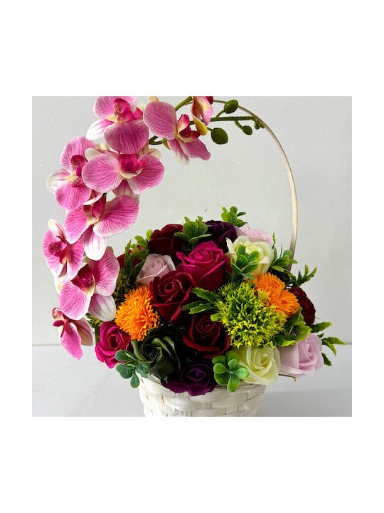 Coș Aniversar Colecție Florală Orhidee Plante Artizanale Săpun Trandafiri Crizanteme Decorate Cristal Fundiță Roz