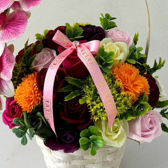 Anniversary Basket Floral Collection Orchid Handcrafted Plants Soap Roses Carnations Decorated Crystal Pink Bow