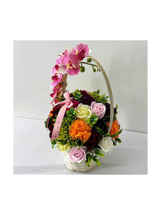 Coș Aniversar Colecție Florală Orhidee Plante Artizanale Săpun Trandafiri Crizanteme Decorate Cristal Fundiță Roz