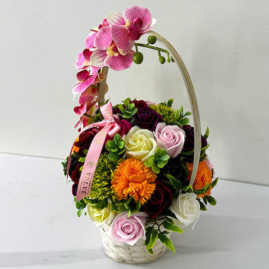 Anniversary Basket Floral Collection Orchid Handcrafted Plants Soap Roses Carnations Decorated Crystal Pink Bow