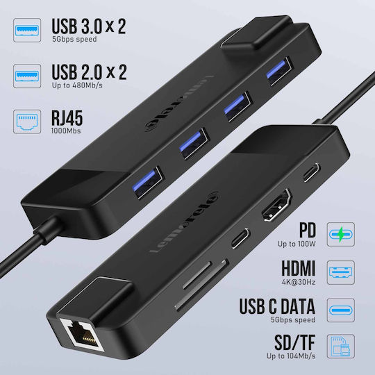 Lemorele TC93 USB-C Docking Station mit HDMI 4K PD Ethernet Schwarz