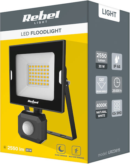 Rebel Στεγανός Προβολέας LED 30W Φυσικό Λευκό 4000K με Αισθητήρα Κίνησης IP44